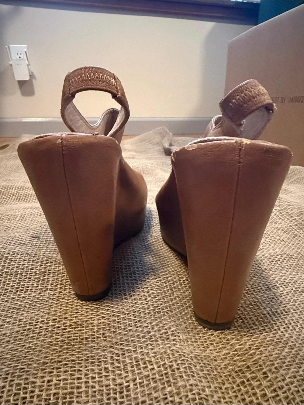 Steve Madden Tan Leather Peep-Toe Wedge Slingback Heels